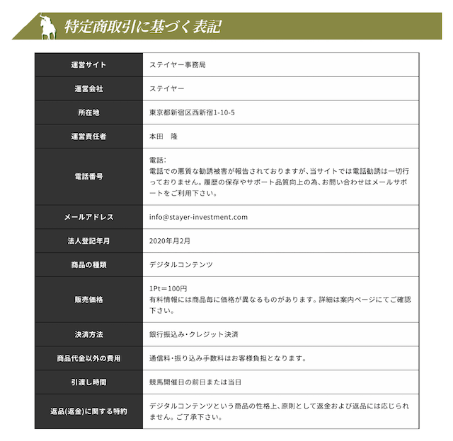 ステイヤーの特定商取引法