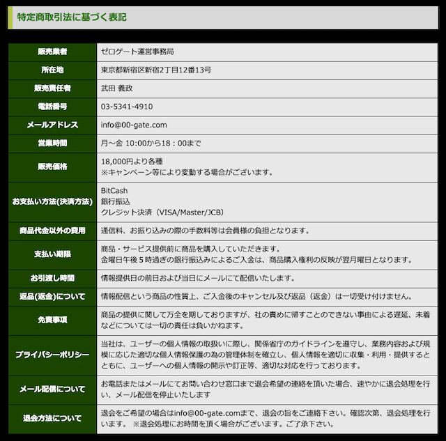 ゼロゲートの特定商取引法