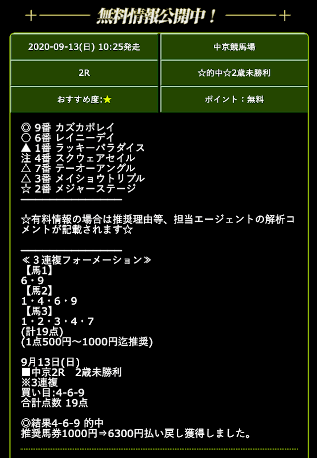 競馬報道.comの無料情報0913