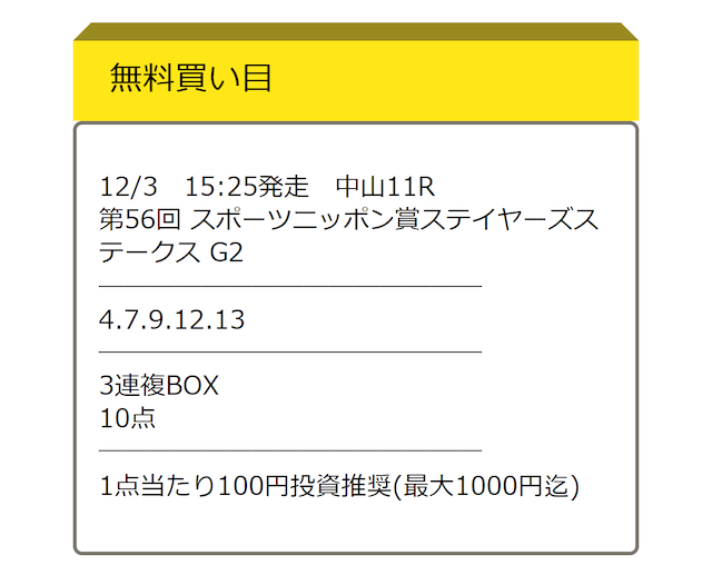 日刊競馬9の無料予想 12月3日の買い目