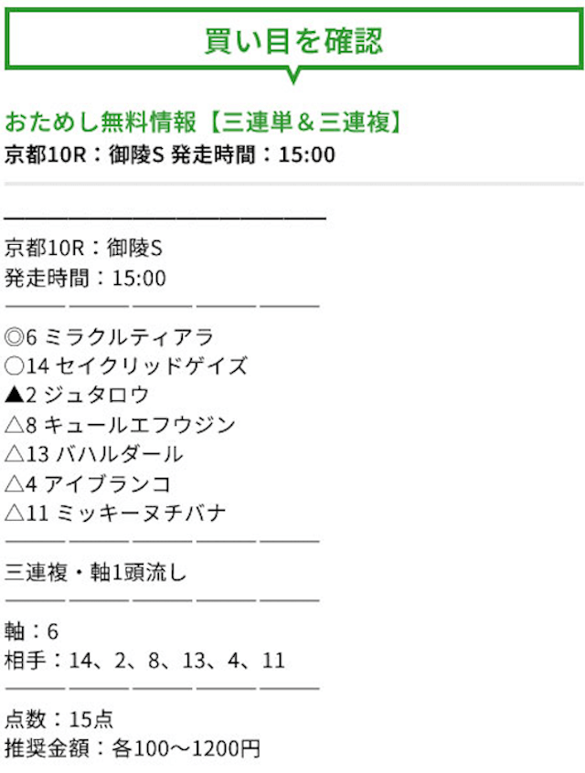 1028-2　成金競馬道無料予想買い目