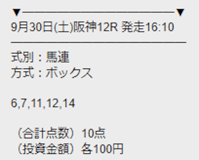 勝馬サプライズの無料予想 9月30日の阪神12R 買い目