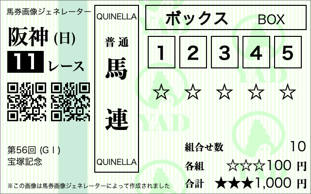 競馬 馬券代1000円 馬連5頭ボックス