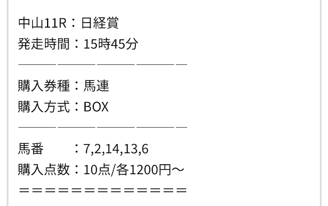 2025年3月29日の中山11R、日経賞買い目