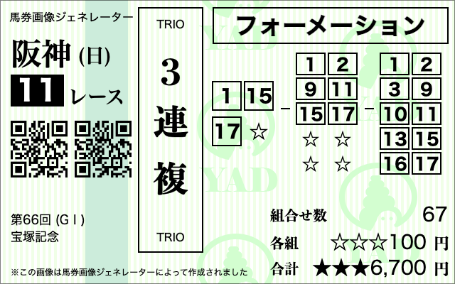 宝塚記念3連複　3-6-10