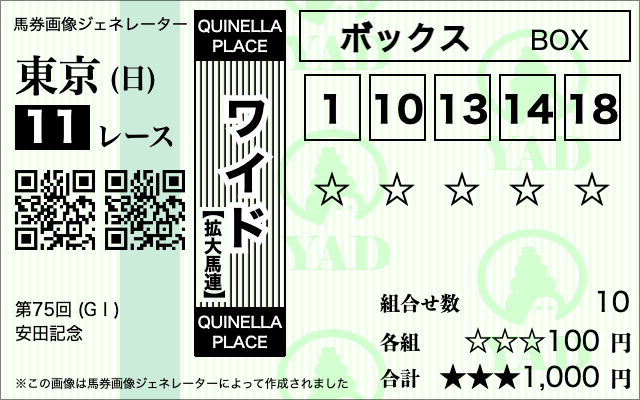 安田記念 ワイド5頭ボックス1000円