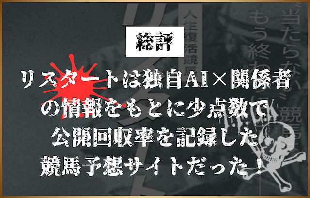 restart_souhyouリスタートは独自AI×関係者 の情報をもとに少点数で 公開回収率を記録した 競馬予想サイトだった！
