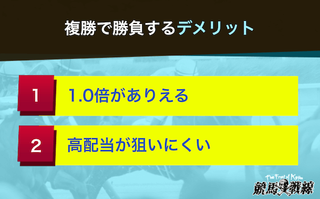 複勝で勝負するデメリット_1.0倍がありえる 高配当が狙いにくい