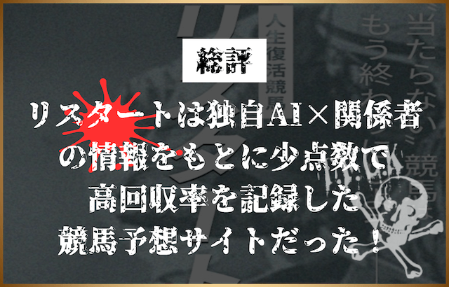 リスタートは独自AI×関係者 の情報をもとに少点数で 高回収率を記録した 競馬予想サイトだった！