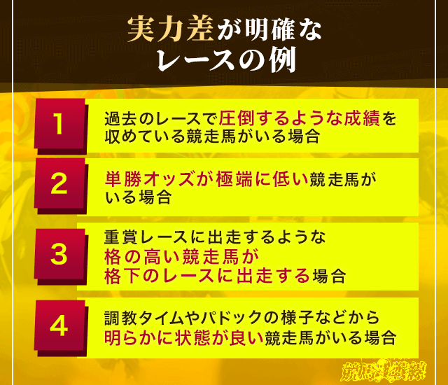実力差が明確なレースの例①過去のレースで特定の競走馬が他の出走馬を圧倒するような成績を収めている場合　②単勝オッズが極端に低い競走馬がいる場合　③重賞レースに出走するような格の高い競走馬が格下のレースに出走する場合　④調教タイムやパドックの様子などから明らかに状態が良い競走馬がいる場合