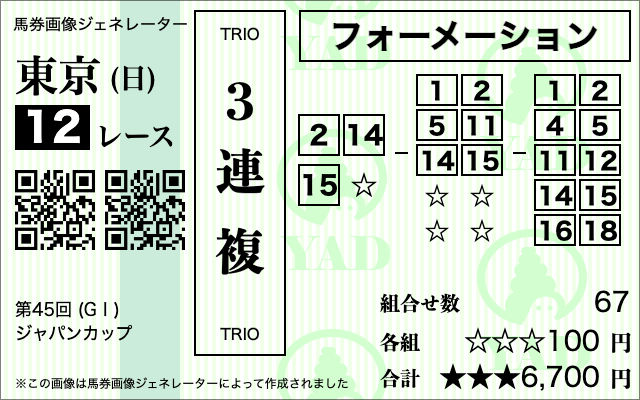ジャパンカップ3連複フォーメーション②⑭⑮‐①②⑤⑪⑭⑮‐①②④⑤⑪⑫⑭⑮⑯⑱