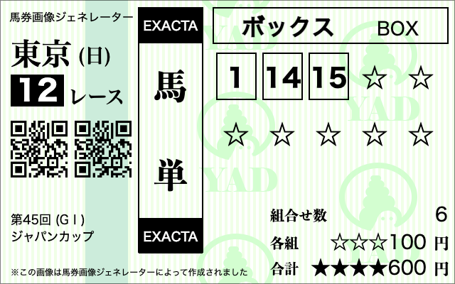 ジャパンカップ馬単ボックス①⑭⑮