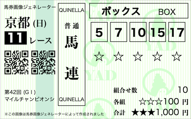 【マイルチャンピオンシップ】馬連ボックス⑤⑦⑩⑮⑰