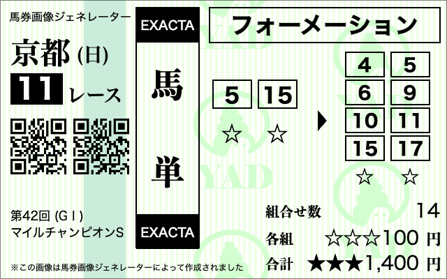【マイルチャンピオンシップ】馬単フォーメーション⑤⑮-④⑤⑥⑨⑩⑪⑮⑰