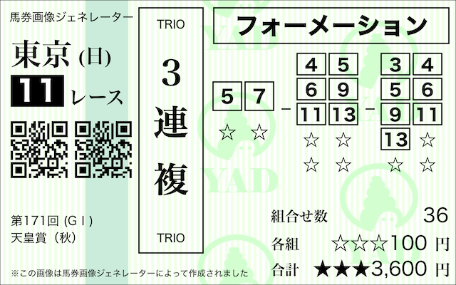 【天皇賞(秋)】良馬場の際の三連複の買い目