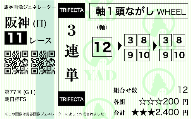 【朝日杯フューチュリティステークス2025予想】AI推奨の三連単の買い目_⑫-③⑧⑨⑩-③⑧⑨⑩1着流し.1点200円の2400円投資