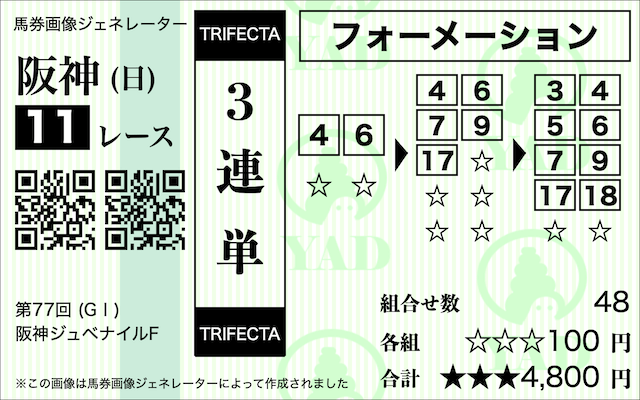 阪神ジュベナイルフィリーズ予想ai_三連単④⑥-④⑥⑦⑧⑰-③④⑤⑥⑦⑨⑰⑱