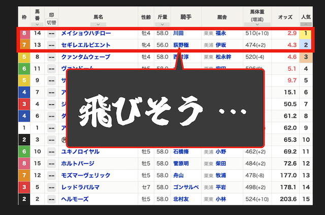 複勝で1・2番人気が飛びそう