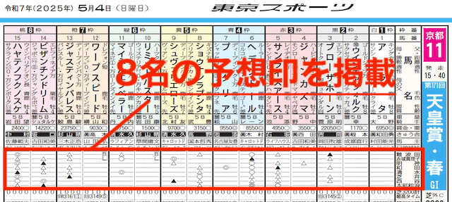 新聞で掲載されている記者の予想印の詳細