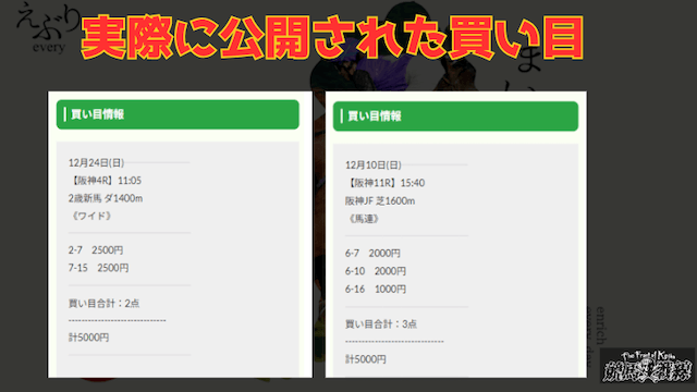 えぶりで公開された無料予想の買い目