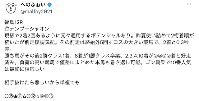 へのふぉいがXで公開している予想