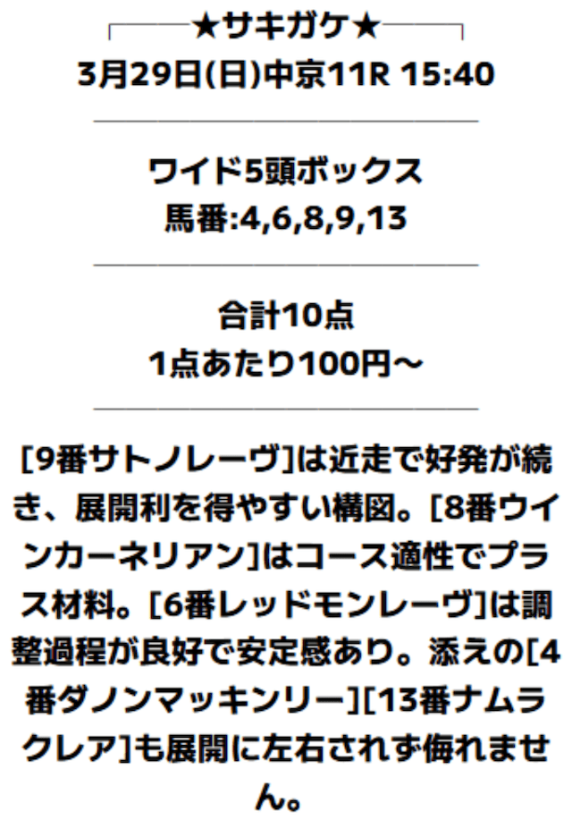 2026年3月29日の中京11Rの予想