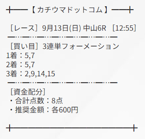 カチウマドットコムの2026年9月13日の有料予想の買い目