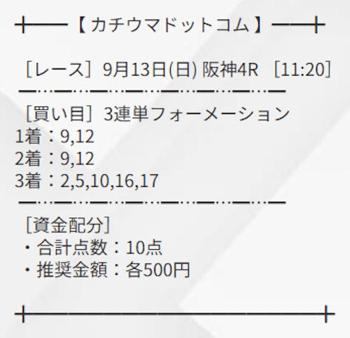カチウマドットコムの2026年9月13日の有料予想「THEセレクション」の買い目画像