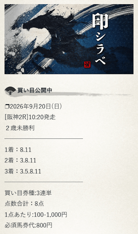 颯の有料予想「印シラベ」2026年9月20日阪神2Rの買い目画像